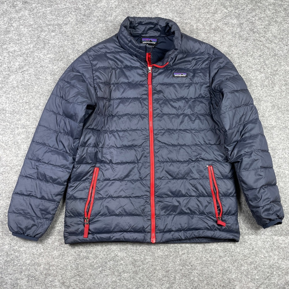 Patagonia Down Sweater Jacket Kids XL 14 Navy Blue Red Full Zip Puffer Pockets